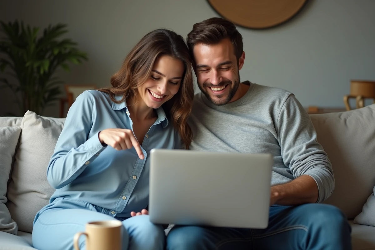 Couple découvrant ensemble les résultats d'un test de compatibilité amoureuse par prénom sur ordinateur