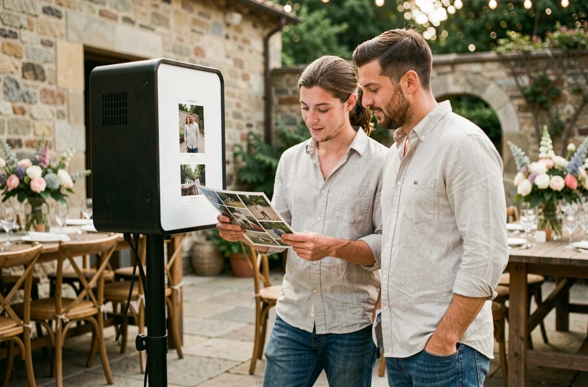 Couple regardant un tirage photo issu d'un photobooth lors d'une réception de mariage en extérieur