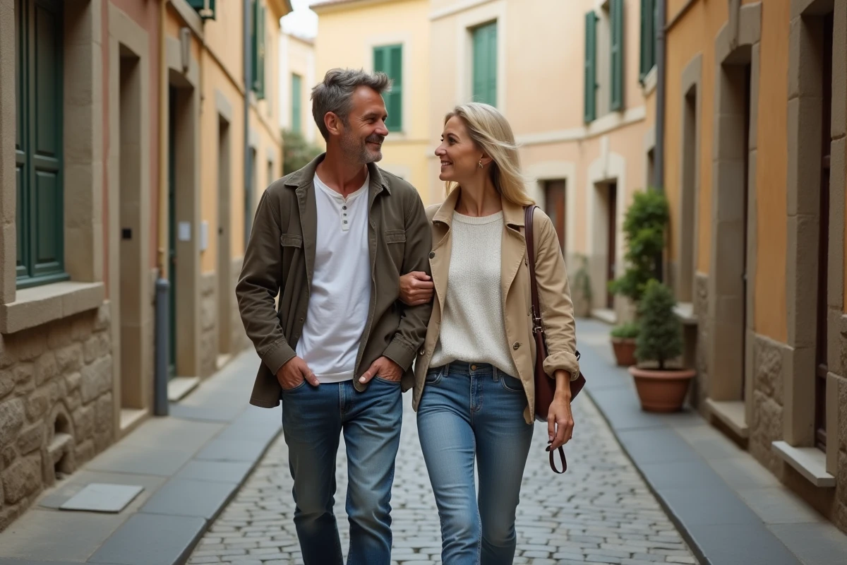 Couple en promenade dans une rue pavée française lors d'un tournage en extérieur