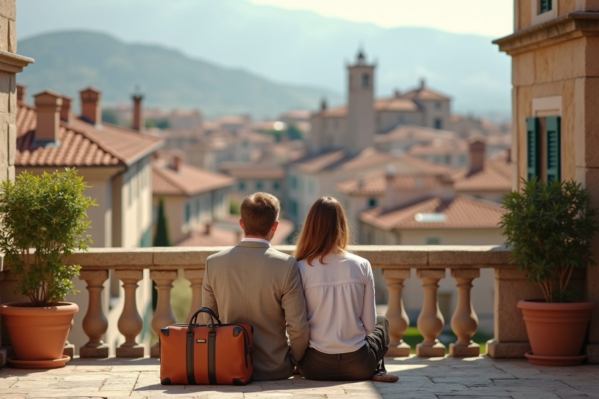 Couple marié en voyage dans une vieille ville européenne