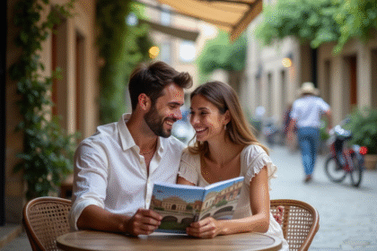 Jeune couple souriant au café en voyage en Europe