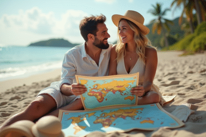 Jeune couple sur la plage tropicale avec carte voyage