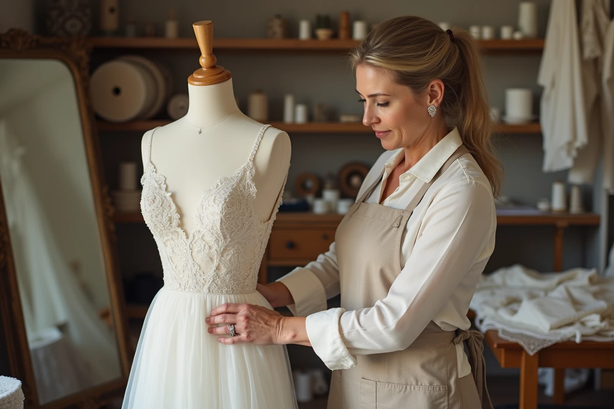 Couturière mesurant une robe de mariée sur mesure dans un atelier de couture parisien