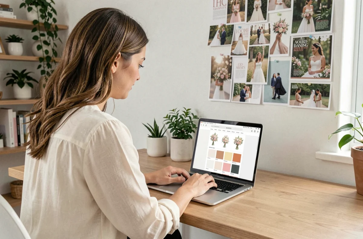 Femme créant un site de mariage sur ordinateur portable dans un bureau à domicile décoré d'inspirations nuptiales