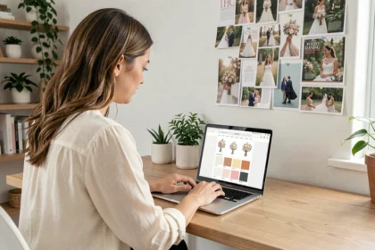 Femme créant un site de mariage sur ordinateur portable dans un bureau à domicile décoré d'inspirations nuptiales