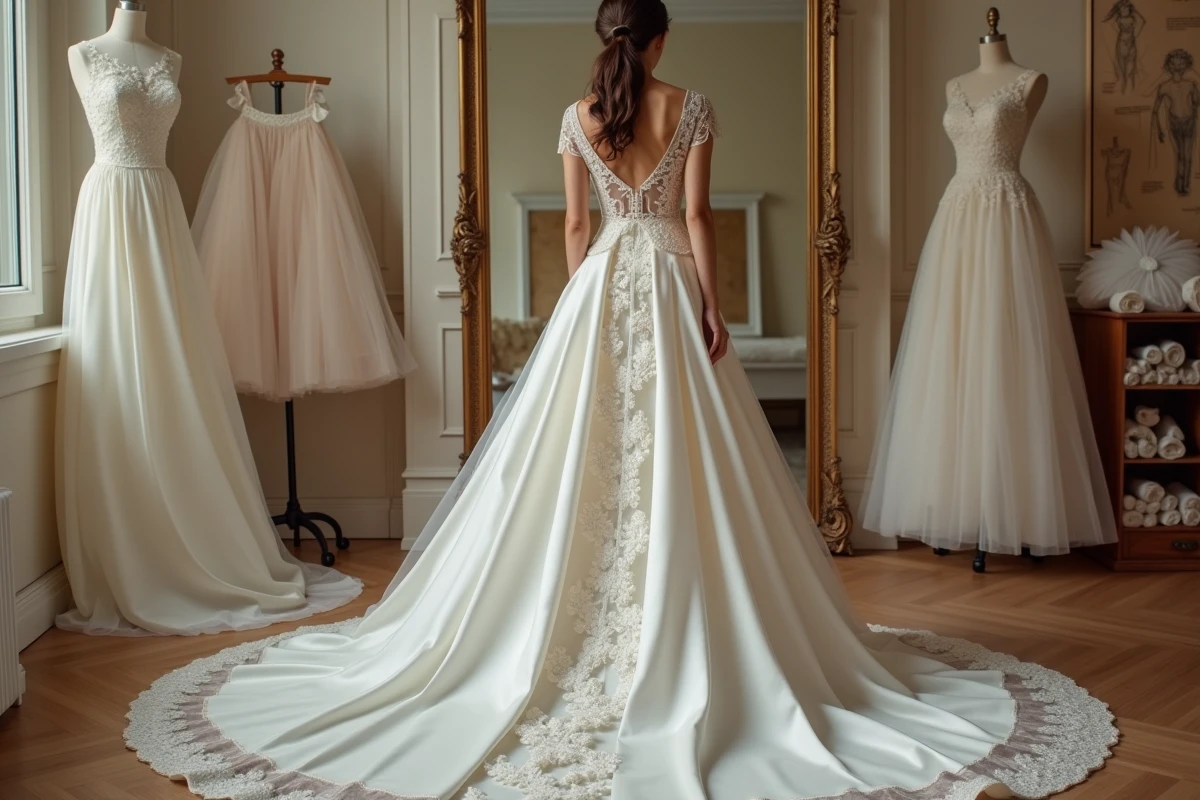 Créatrice de robe de mariée luxe ajustant une robe en dentelle ivoire sur une mariée dans un atelier de haute couture parisien