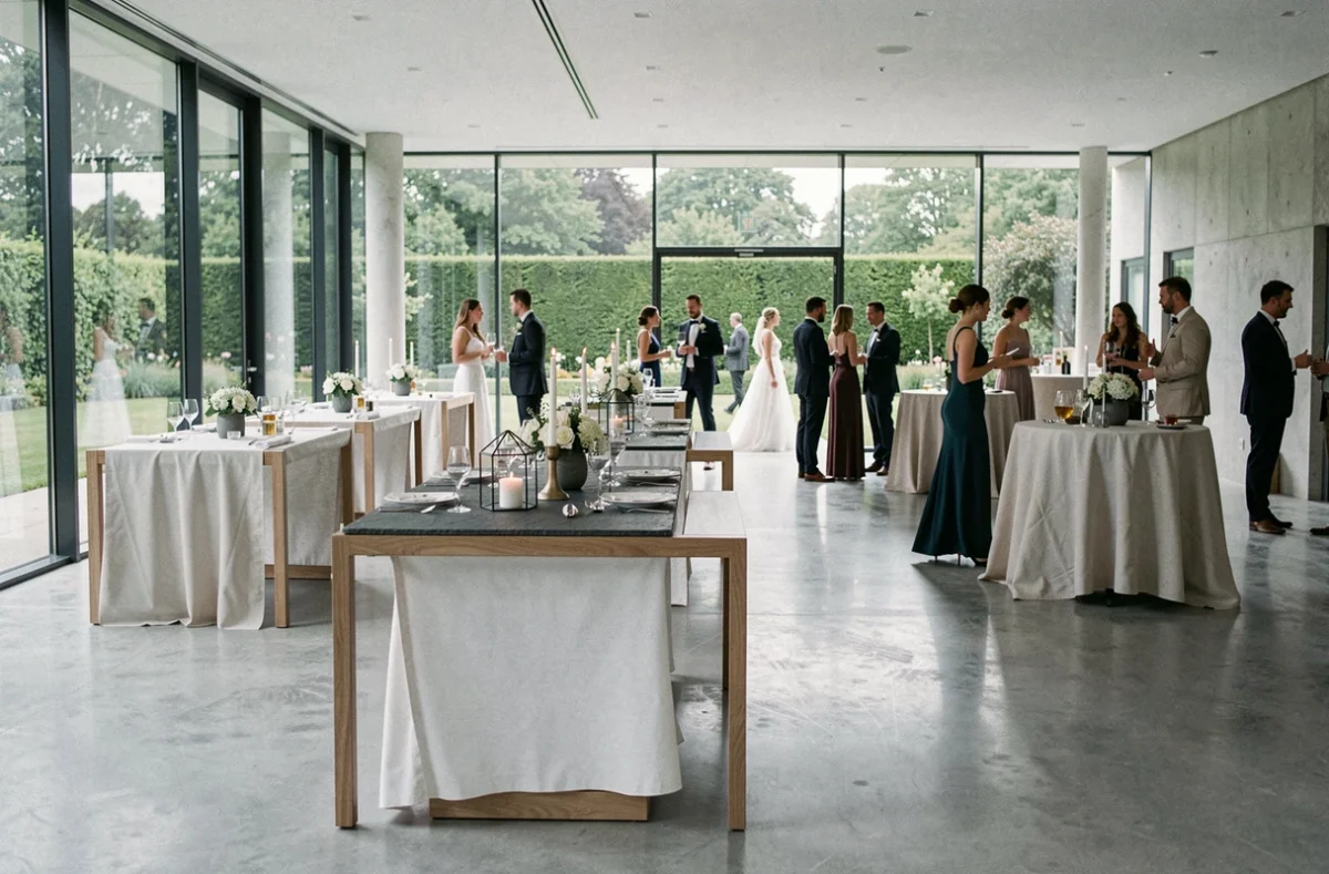 Installation événementielle moderne de DBM Events pour un mariage dans un cadre contemporain