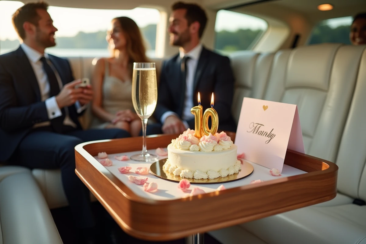 Plateau d'anniversaire avec gâteau, flûte de champagne et pétales de rose sur un siège en cuir blanc à l'intérieur d'une limousine