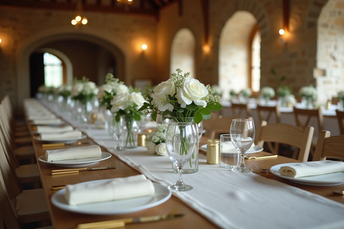 Décoration de table de réception de mariage dans une grange de domaine privatisé avec nappes en lin et roses blanches
