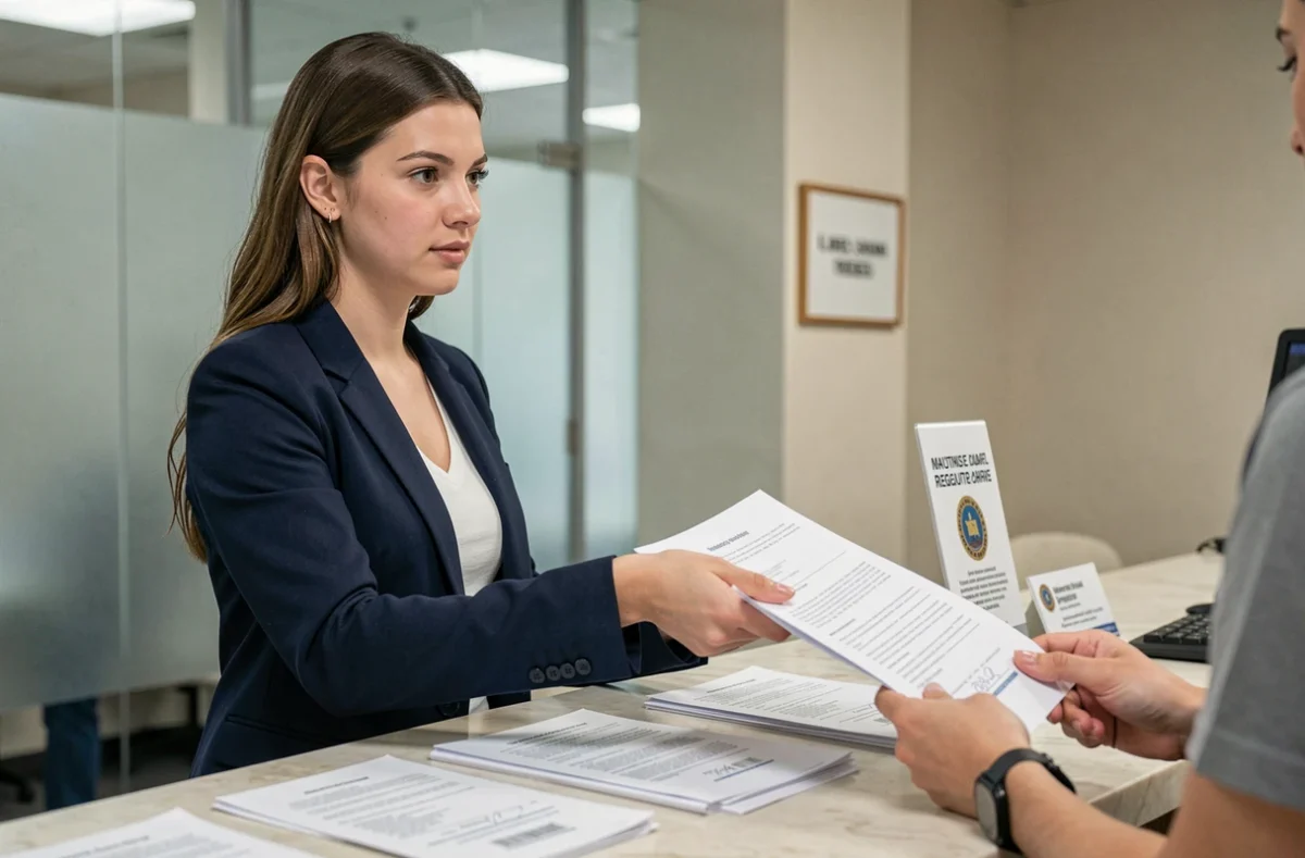 Jeune femme déposant ses documents de mariage au guichet d'une mairie