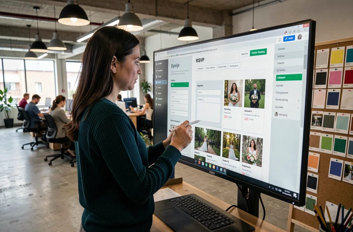 Designer web féminine personnalisant un modèle de site de mariage sur grand écran tactile dans un espace de coworking moderne