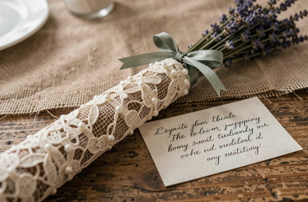 Détail d'un balai de mariage décoré de dentelle, perles et lavande séchée avec une carte calligraphiée expliquant la tradition
