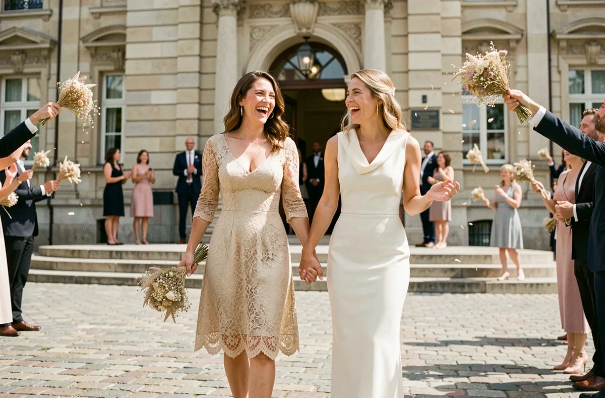 Deux mariées sortant de la mairie en robes civiles élégantes, robe en dentelle champagne et robe colonne crème, cérémonie civile festive