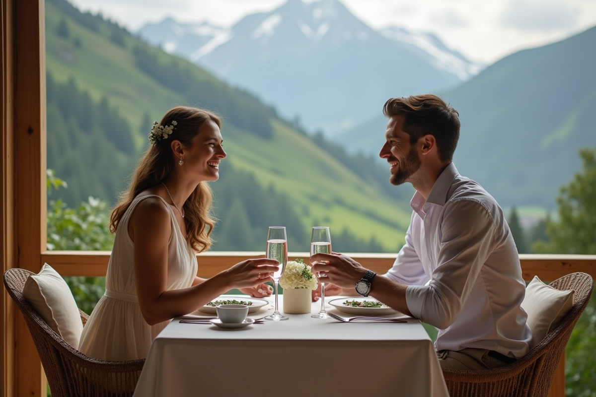 Jeune couple en dîner romantique en montagne