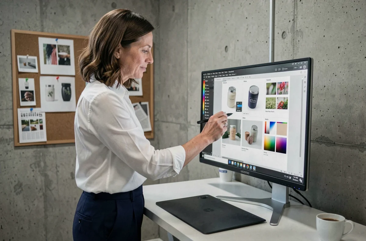 Directrice artistique analysant des photos de produits retouchées sur un écran colorimétrique dans un bureau de création