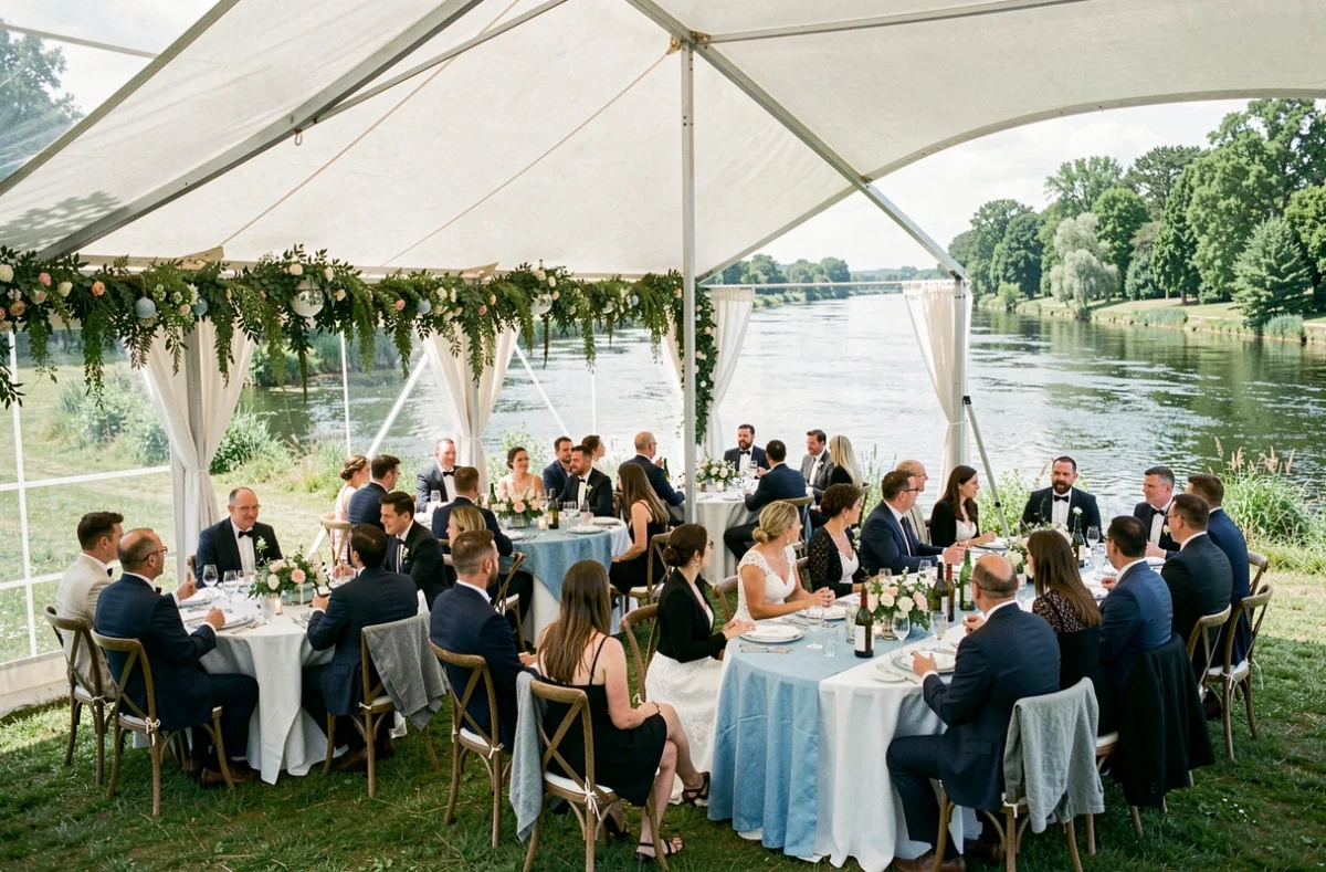 Réception de mariage en plein air au Domaine au Fil de l'Eau avec tables dressées au bord de l'eau