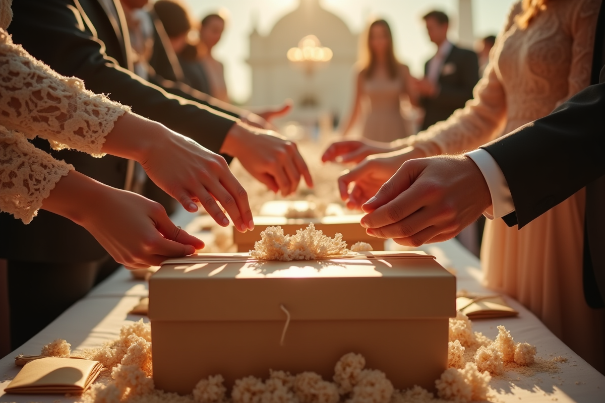 Gestes d invités déposant enveloppes dans urne de mariage