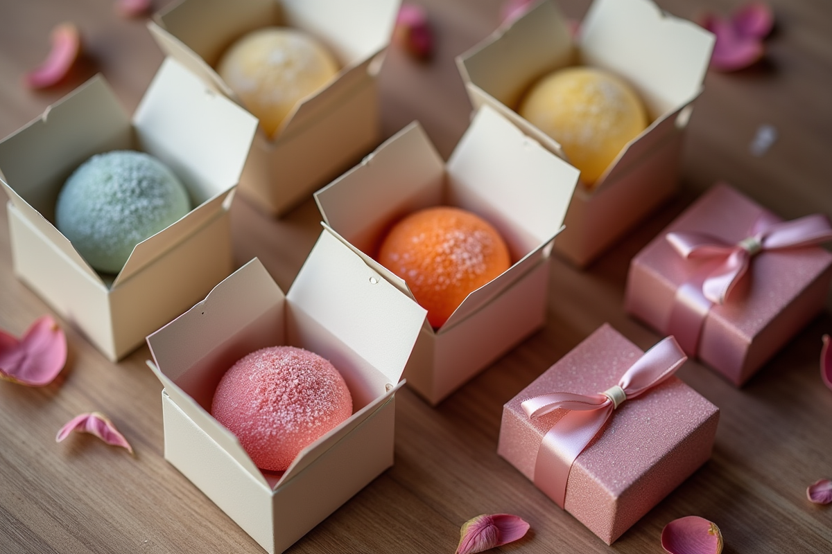 Close-up de boîtes de dragées colorées sur une table en bois