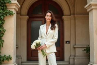 Femme portant un ensemble mariage pantalon ivoire devant la mairie pour un mariage civil élégant