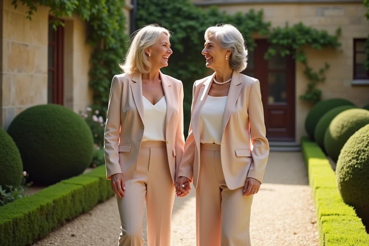 Mère et fille en ensembles pantalon pour mariage civil dans un jardin de manoir français