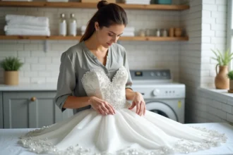 Femme inspectant soigneusement les strass et paillettes d'une robe de mariée princesse posée sur une table pour l'entretien après le mariage