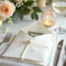 Enveloppe blanche élégante avec cadeau en argent sur table de mariage