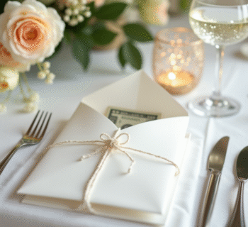 Enveloppe blanche élégante avec cadeau en argent sur table de mariage