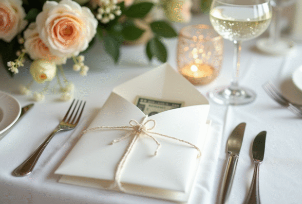 Enveloppe blanche élégante avec cadeau en argent sur table de mariage