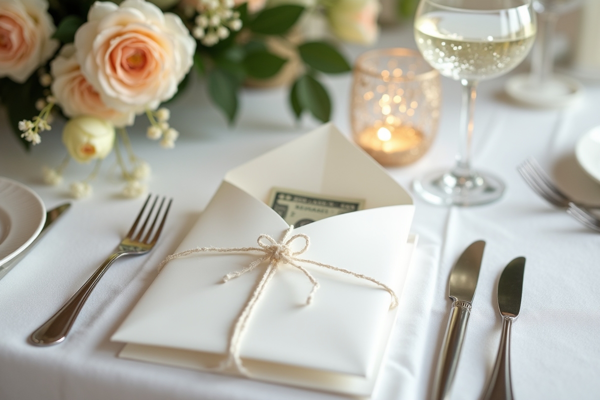 Enveloppe blanche élégante avec cadeau en argent sur table de mariage