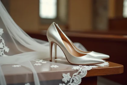 Escarpins blancs en satin pour mariage posés sur un banc d'église en bois avec robe de mariée en dentelle