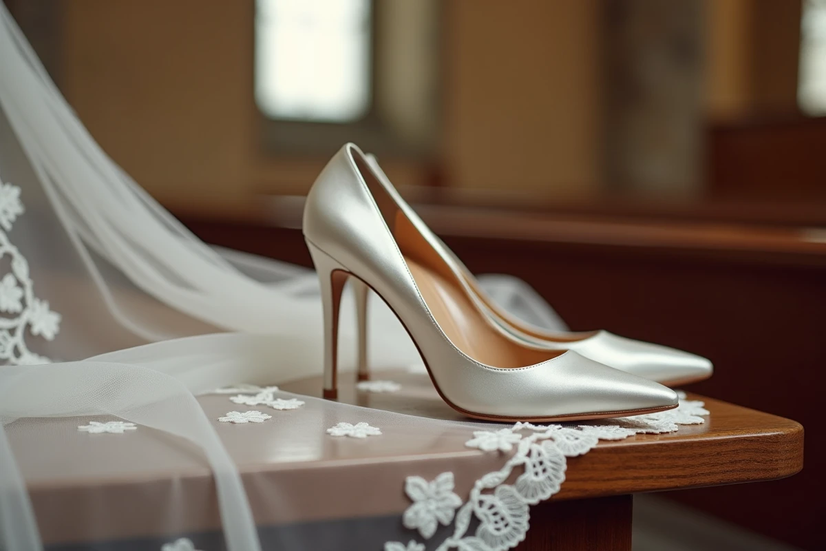 Escarpins blancs en satin pour mariage posés sur un banc d'église en bois avec robe de mariée en dentelle