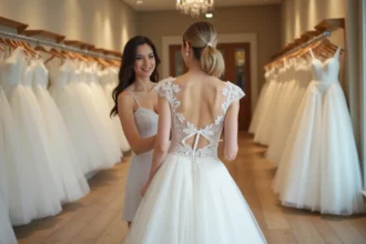 Jeune femme essayant une robe de mariée pas chère dans une boutique spécialisée avec l'aide d'une vendeuse