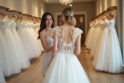 Jeune femme essayant une robe de mariée pas chère dans une boutique spécialisée avec l'aide d'une vendeuse