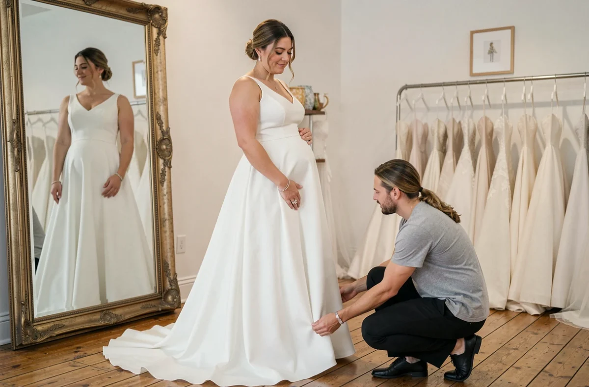 Future mariée enceinte essayant une robe empire dans une boutique de mariage avec une couturière