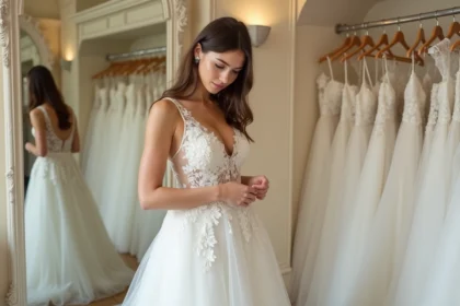 Jeune femme essayant une robe de mariée en dentelle dans une boutique de robes de mariée à Lyon