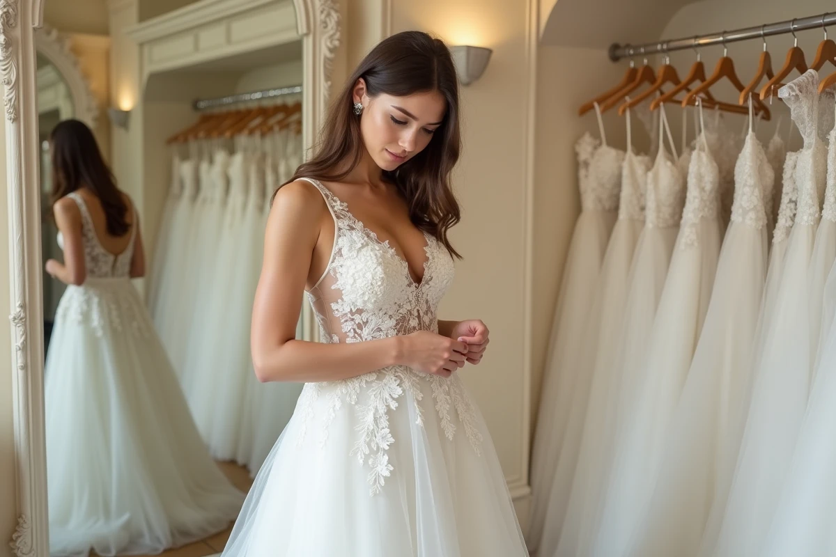 Jeune femme essayant une robe de mariée en dentelle dans une boutique de robes de mariée à Lyon