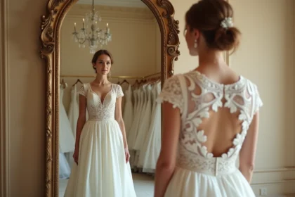 Jeune mariée essayant une robe de mariée en dentelle ivoire dans une boutique élégante de Montpellier, se regardant dans un grand miroir avec émotion