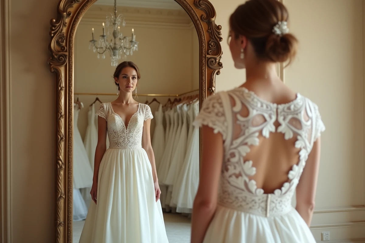 Jeune mariée essayant une robe de mariée en dentelle ivoire dans une boutique élégante de Montpellier, se regardant dans un grand miroir avec émotion