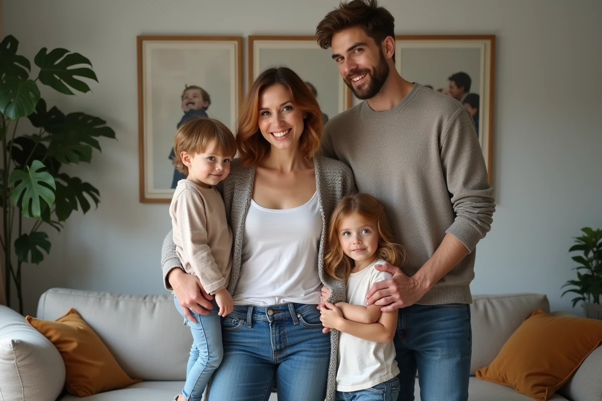 Alicia Dauby avec sa famille dans un salon moderne