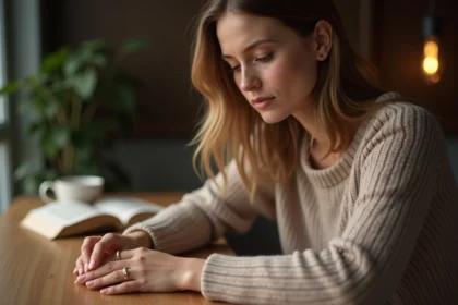 Femme contemplant une bague en or sur son doigt