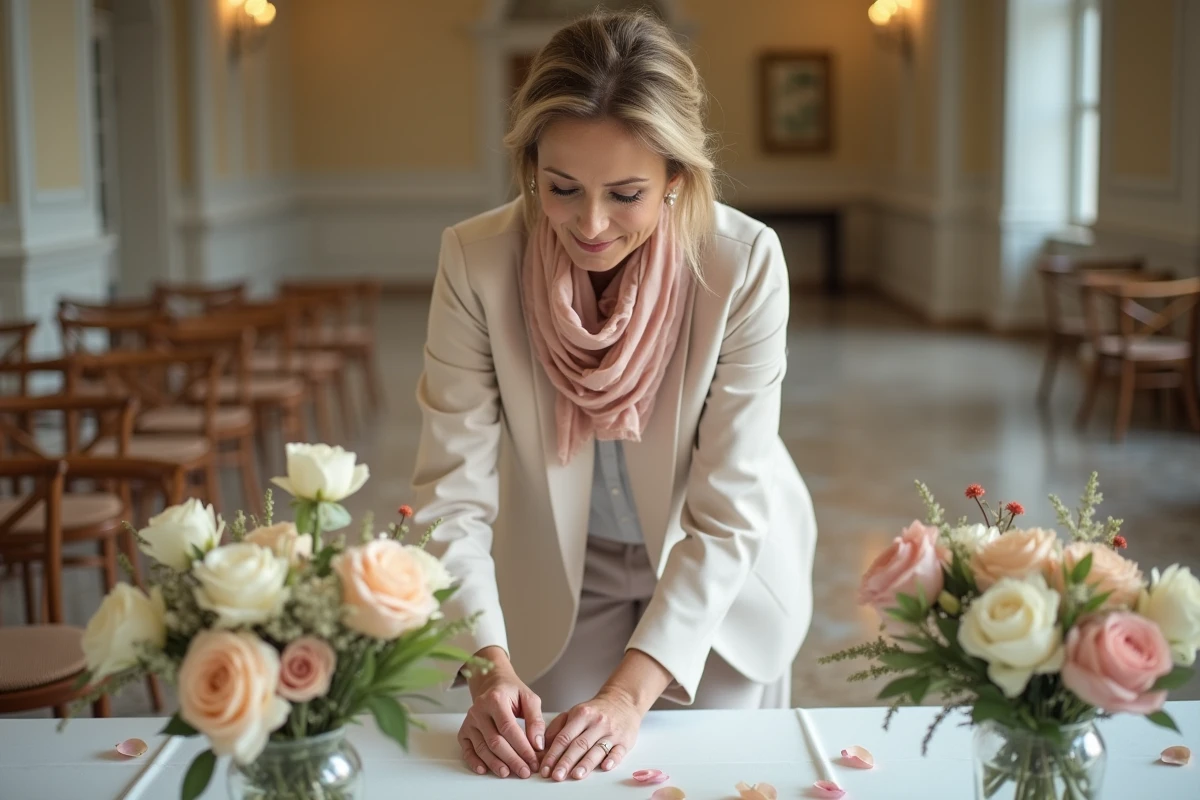 Femme arrangeant centres de table floraux dans salle de mairie