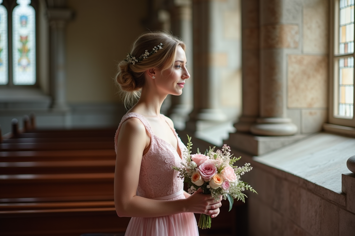 Jeune femme en robe rose dans une église ancienne