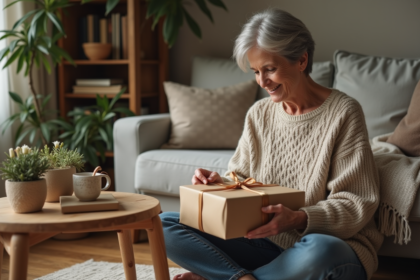 Femme préparant un cadeau dans un salon chaleureux