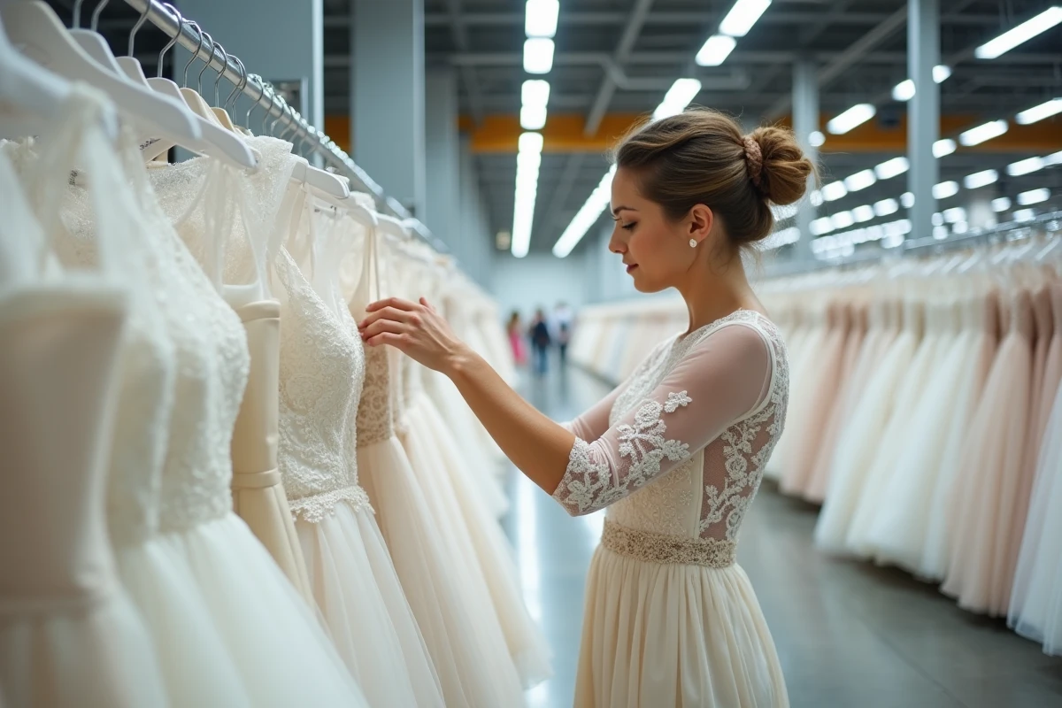 Femme inspectant une robe de mariée en dentelle dans un grand magasin discount spécialisé