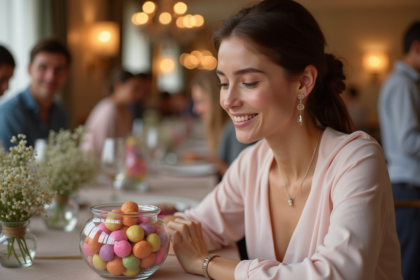 Jeune femme examinant des dragées colorées lors d'un événement