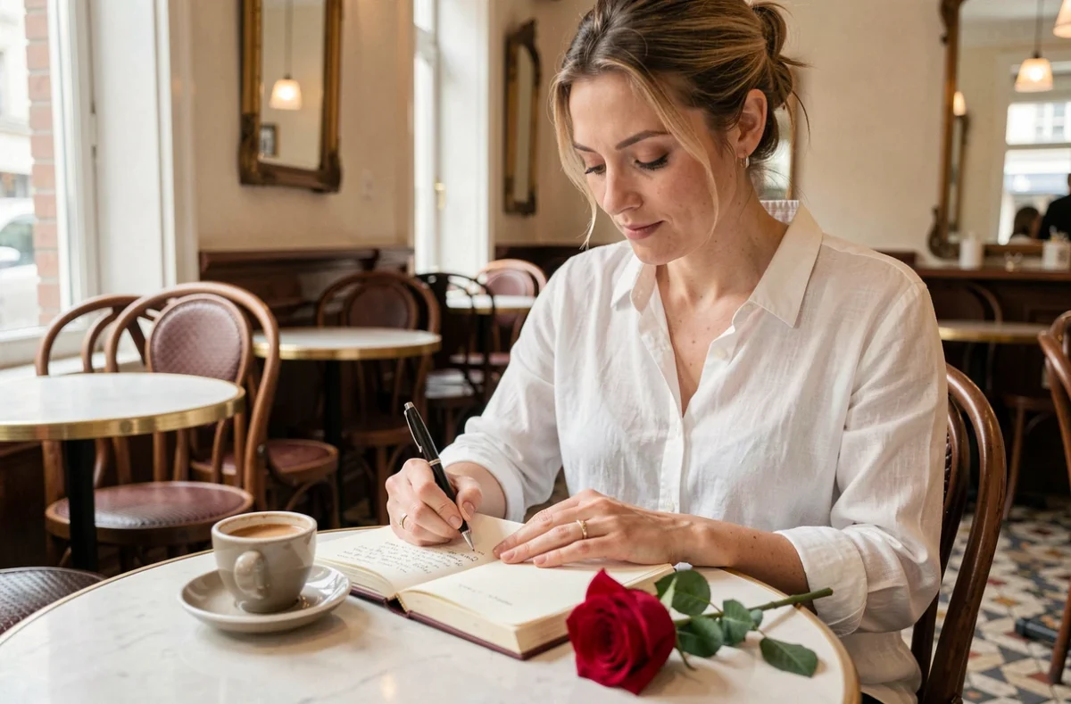 Femme écrivant un message d'anniversaire de mariage sincère dans un carnet dans un café parisien avec une rose rouge