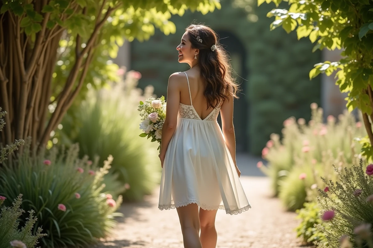 Femme enceinte en robe de mariage dans un jardin ensoleille