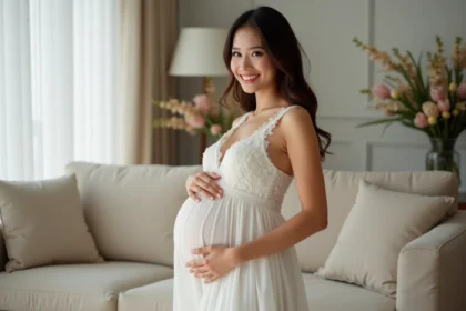 Femme enceinte souriante en robe de mariage élégante