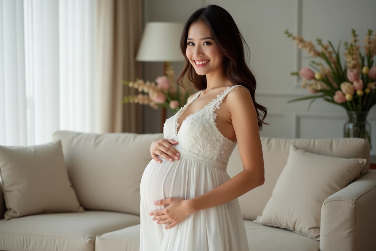 Femme enceinte souriante en robe de mariage élégante