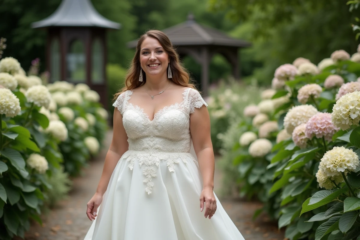 Femme en robe de mariée en jardin romantique
